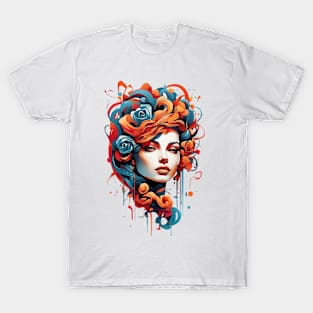 Women with Flowers in Her Hair: Blooming Beauty - Colorful T-Shirt